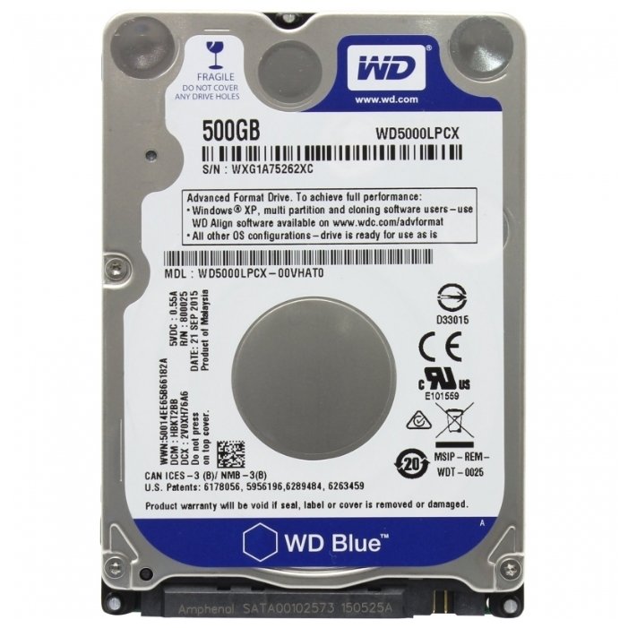 Изображение Жесткий диск 2.5" 500 ГБ Western Digital Blue WD5000LPCX, 5400 rpm, 16 МБ