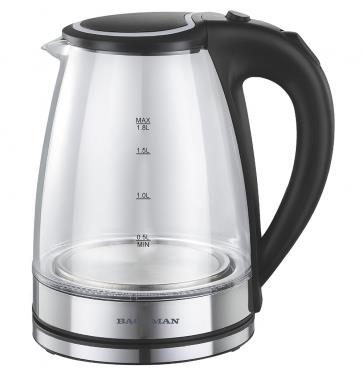 Изображение Электрический чайник BACKMAN BM-TEA 717 (2200 Вт/1,8 л /стекло, пластик/черный, серебристый)