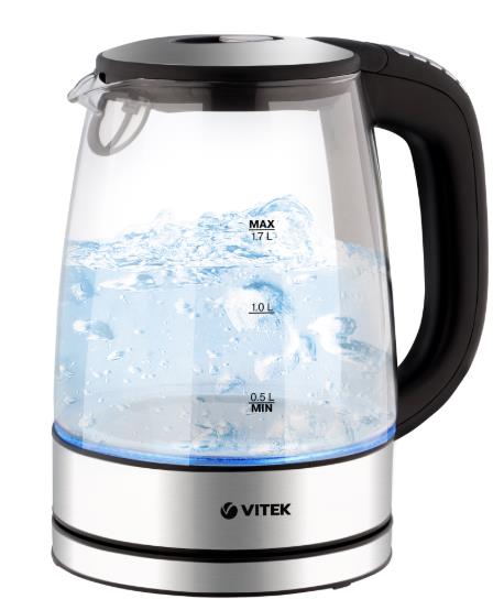 Изображение Электрический чайник VITEK VT-8828 (2200 Вт/1,7 л /стекло, металл/прозрачный, черный, серебристый)