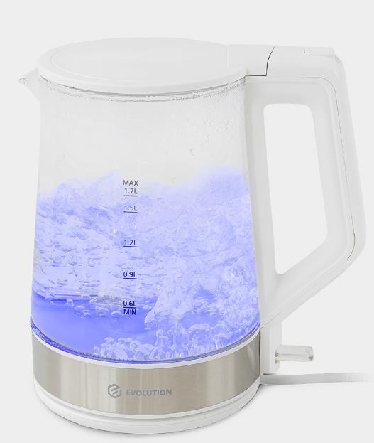 Изображение Электрический чайник EVOLUTION KG19171 (1900 Вт/1,7 л /стекло, металл, пластик/прозрачный, белый, нержавеющая сталь)