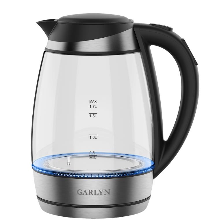 Изображение Электрический чайник Garlyn K-310 (2200 Вт/1,7 л /стекло, нержавеющая сталь/прозрачный, черный, серебристый)