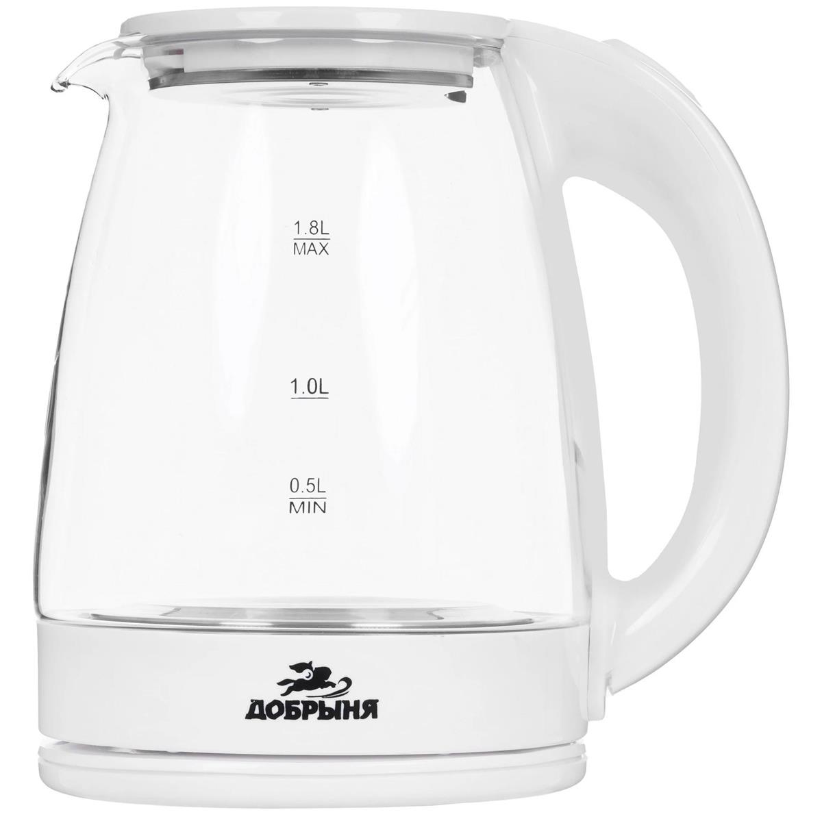 Изображение Электрический чайник Добрыня DO-1254W (1800 Вт/1,8 л /стекло, пластик/прозрачный, белый)